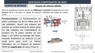 QUELQUES COMPOSANTES DE BASE
08/01/2026 07:17 PM
40
CLAPETS DE RETENUE Clapets de retenue pilotés
Dans de nombreux circuits, besoin de débloquer à volonté l’écoulement en sens
inverse (de B à A) dans un clapet de retenue: utilisation de clapet de retenu
piloté.
Fonctionnement. Le fonctionnement du
piston cylindrique (2) est le même pour le
cas précédent. Quand une pression est
exercée sur la face externe du piston pilote
(3), elle s’éloigne, par l’intermédiaire du
poussoir (4), le piston cylindre de son
siège. L est orifice de drainage des fuites,
raccordé directement au réservoir ou par
canal qu’on peut ouvrir en retirant
l’obturateur (5). Le Rapport de pression
Pb/Px est appelé gain de valve (=max 4).
MACHINES HYDRAULIQUES Dr. ING. Sidy Mactar SOKHNA
 