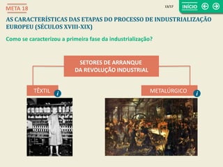 SETORES DE ARRANQUE
DA REVOLUÇÃO INDUSTRIAL
13/17
META 18
AS CARACTERÍSTICAS DAS ETAPAS DO PROCESSO DE INDUSTRIALIZAÇÃO
EUROPEU (SÉCULOS XVIII-XIX)
Como se caracterizou a primeira fase da industrialização?
TÊXTIL i METALÚRGICO i
 