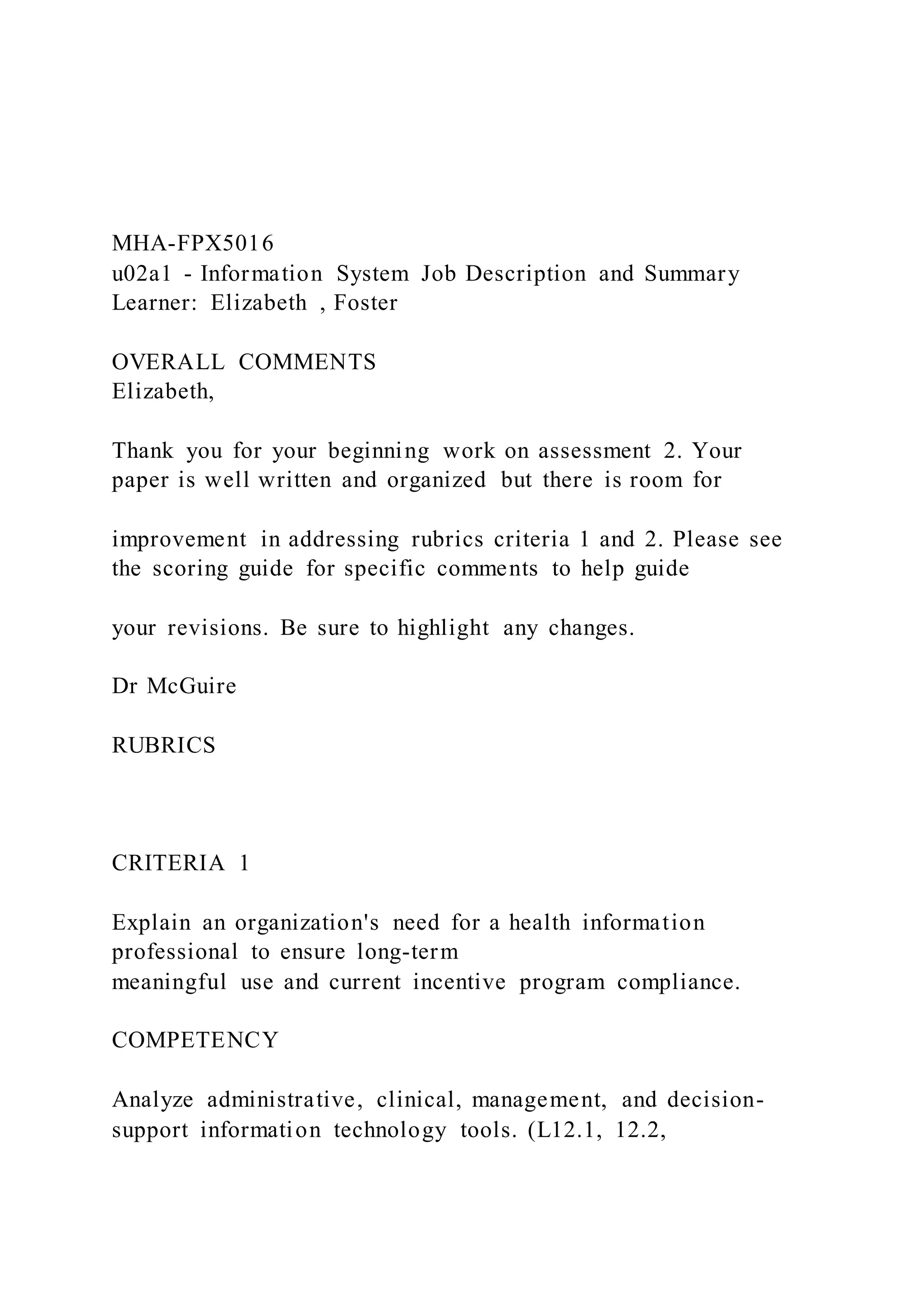 MHAFPX5016 u02a1 Information System Job Description and S PDF