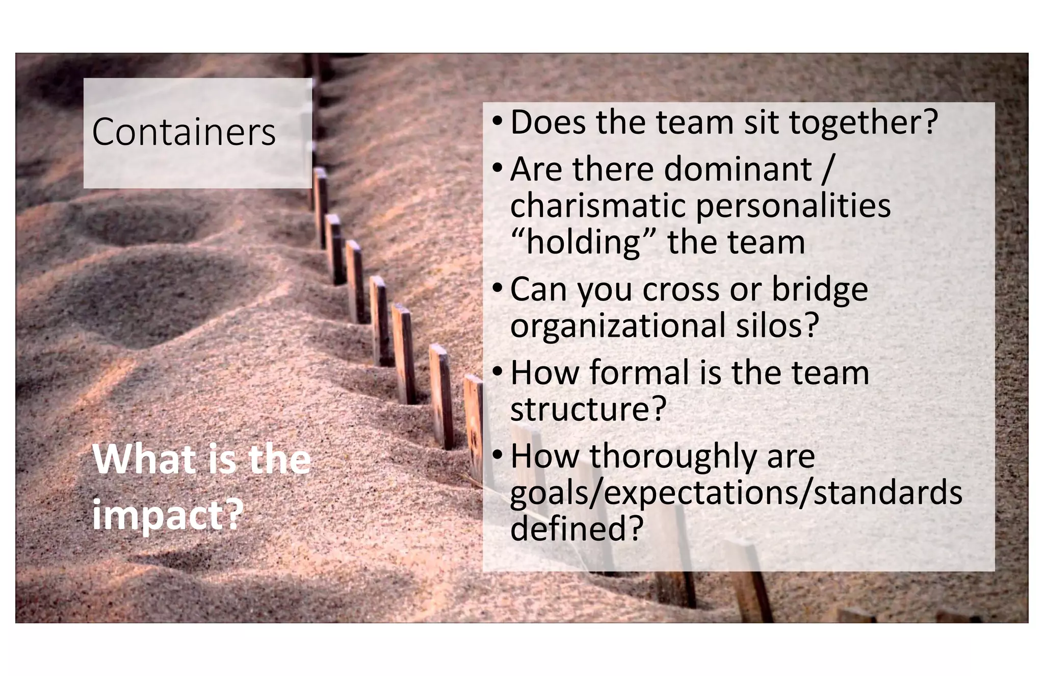 Containers •Does the team sit together?
•Are there dominant /
charismatic personalities
“holding” the team
•Can you cross or bridge
organizational silos?
•How formal is the team
structure?
•How thoroughly are
goals/expectations/standards
defined?
What is the
impact?
 