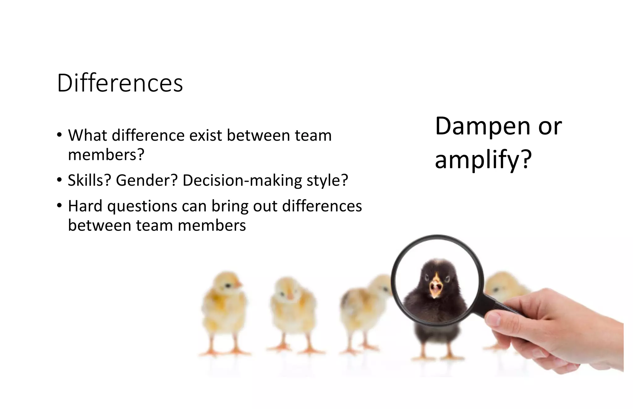 Differences
• What difference exist between team
members?
• Skills? Gender? Decision-making style?
• Hard questions can bring out differences
between team members
Dampen or
amplify?
 