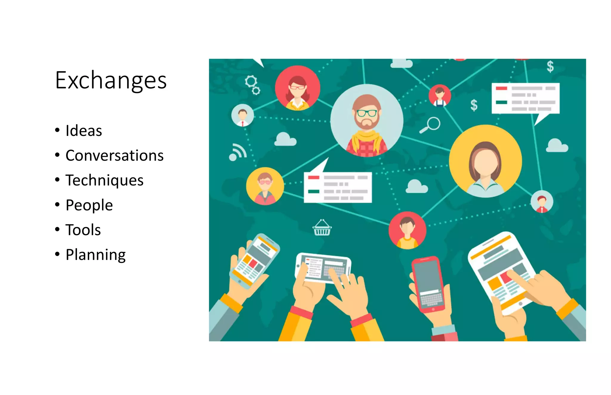 Exchanges
• Ideas
• Conversations
• Techniques
• People
• Tools
• Planning
 