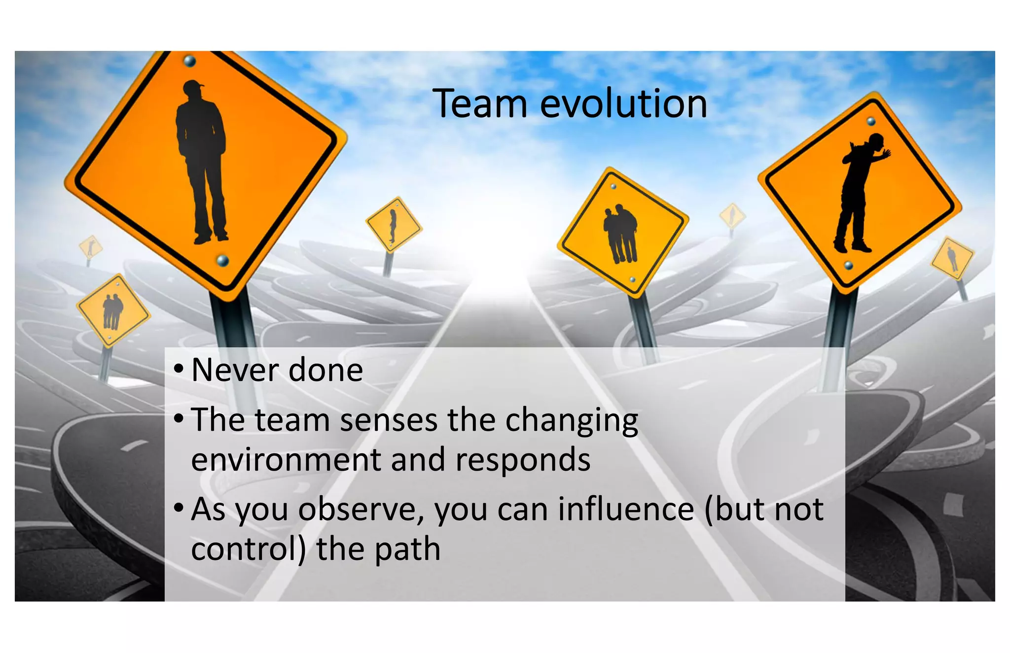 Team evolution
•Never done
•The team senses the changing
environment and responds
•As you observe, you can influence (but not
control) the path
 