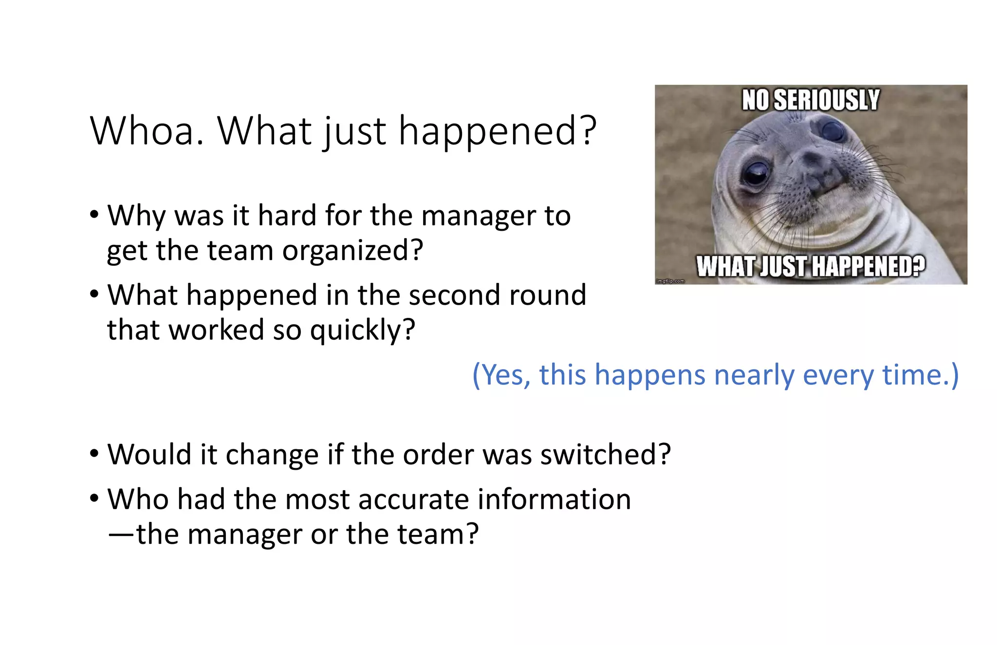 Whoa. What just happened?
• Why was it hard for the manager to
get the team organized?
• What happened in the second round
that worked so quickly?
(Yes, this happens nearly every time.)
• Would it change if the order was switched?
• Who had the most accurate information
—the manager or the team?
 