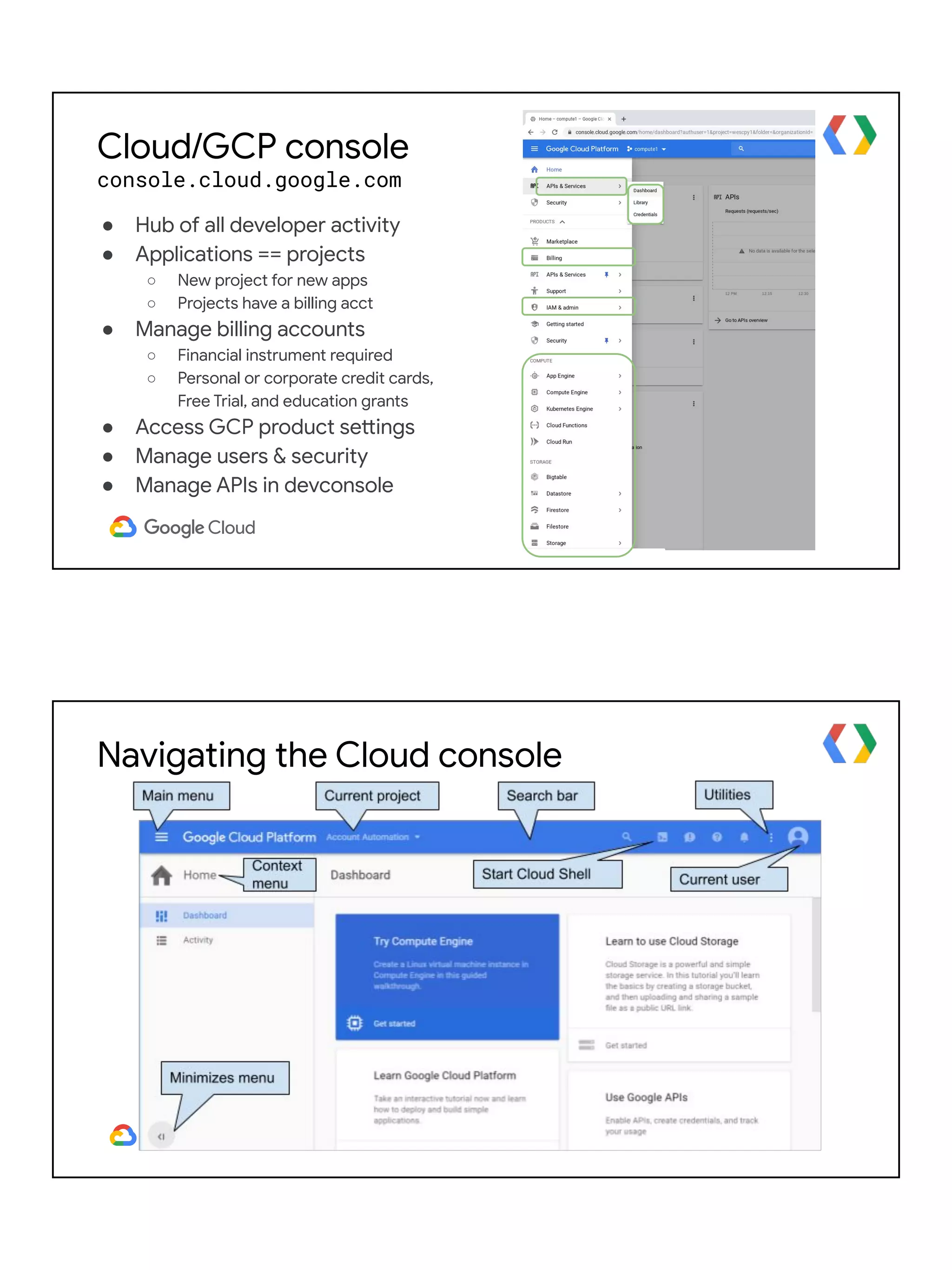 Cloud/GCP console
console.cloud.google.com
● Hub of all developer activity
● Applications == projects
○ New project for new apps
○ Projects have a billing acct
● Manage billing accounts
○ Financial instrument required
○ Personal or corporate credit cards,
Free Trial, and education grants
● Access GCP product settings
● Manage users & security
● Manage APIs in devconsole
Navigating the Cloud console
 