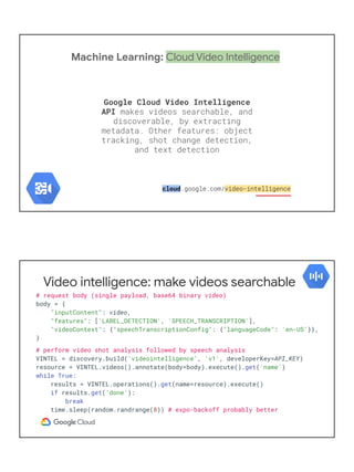 Video intelligence: make videos searchable
# display shot labels followed by speech transcription
for labels in results['r...