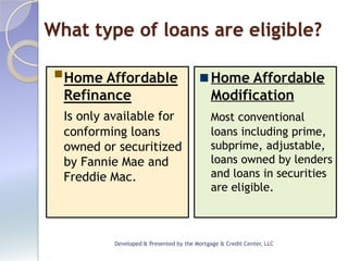 What type of loans are eligible?

 Home Affordable                             Home Affordable
  Refinance                                   Modification
  Is only available for                       Most conventional
  conforming loans                            loans including prime,
  owned or securitized                        subprime, adjustable,
  by Fannie Mae and                           loans owned by lenders
  Freddie Mac.                                and loans in securities
                                              are eligible.



           Developed & Presented by the Mortgage & Credit Center, LLC
 