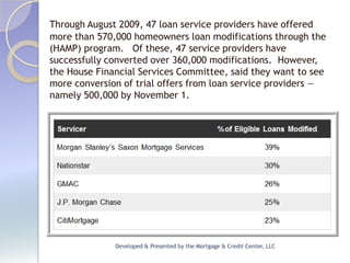 Through August 2009, 47 loan service providers have offered
more than 570,000 homeowners loan modifications through the
(HAMP) program. Of these, 47 service providers have
successfully converted over 360,000 modifications. However,
the House Financial Services Committee, said they want to see
more conversion of trial offers from loan service providers —
namely 500,000 by November 1.




              Developed & Presented by the Mortgage & Credit Center, LLC
 