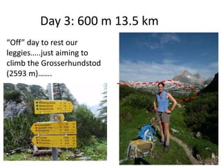Day 3: 600 m 13.5 km
“Off” day to rest our
leggies…..just aiming to
climb the Grosserhundstod
(2593 m)…….
 