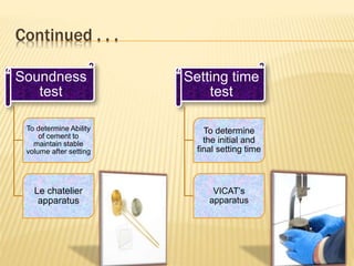 Continued . . .
Soundness
test
To determine Ability
of cement to
maintain stable
volume after setting
Le chatelier
apparatus
Setting time
test
To determine
the initial and
final setting time
VICAT’s
apparatus
 