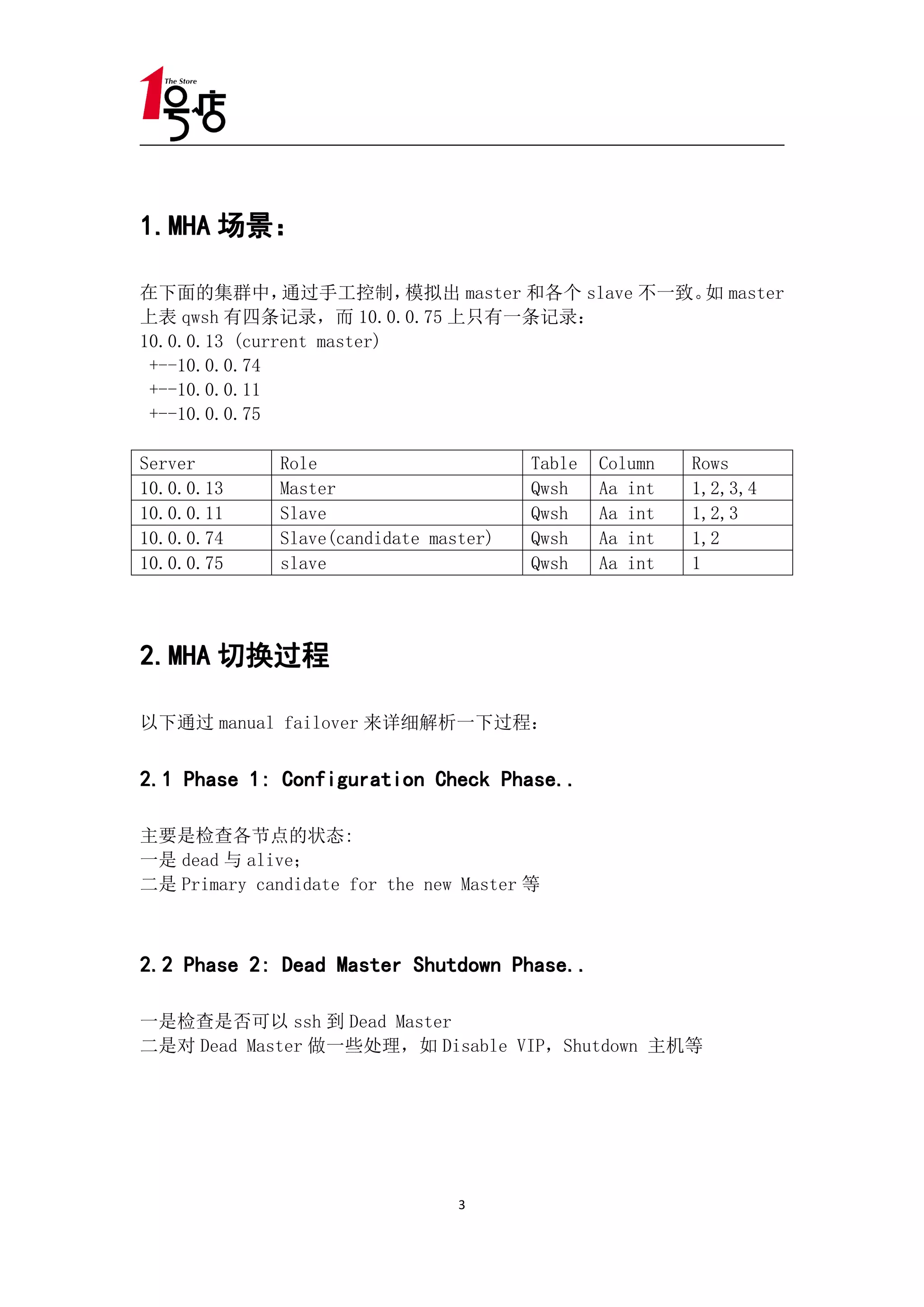 1.MHA 场景：

在下面的集群中，       通过手工控制，     模拟出 master 和各个 slave 不一致。 master
                                                    如
上表 qwsh 有四条记录，而 10.0.0.75 上只有一条记录：
10.0.0.13 (current master)
 +--10.0.0.74
 +--10.0.0.11
 +--10.0.0.75

Server        Role                      Table   Column   Rows
10.0.0.13     Master                    Qwsh    Aa int   1,2,3,4
10.0.0.11     Slave                     Qwsh    Aa int   1,2,3
10.0.0.74     Slave(candidate master)   Qwsh    Aa int   1,2
10.0.0.75     slave                     Qwsh    Aa int   1




2.MHA 切换过程

以下通过 manual failover 来详细解析一下过程：


2.1 Phase 1: Configuration Check Phase..

主要是检查各节点的状态:
一是 dead 与 alive；
二是 Primary candidate for the new Master 等



2.2 Phase 2: Dead Master Shutdown Phase..

一是检查是否可以 ssh 到 Dead Master
二是对 Dead Master 做一些处理，如 Disable VIP，Shutdown 主机等




                                 3
 