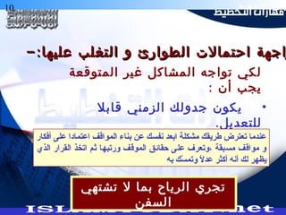 10 ‫التخطيط‬ ‫هارات‬
-:‫عليها‬ ‫التغلب‬ ‫و‬ ‫الطوارئ‬ ‫احتمالت‬ ‫اجهة‬-:‫عليها‬ ‫التغلب‬ ‫و‬ ‫الطوارئ‬ ‫احتمالت‬ ‫اجهة‬
‫المتوقعة‬ ‫غير‬ ‫المشاكل‬ ‫تواجه‬ ‫لكي‬
: ‫أن‬ ‫يجب‬
•‫قابل‬ ‫الزمني‬ ‫جدولك‬ ‫يكون‬
.‫للتعديل‬
•‫لمواجهة‬ ‫نفسيا‬ ‫مستعدا‬ ‫تكون‬ ‫أن‬
.‫الطوارئ‬
‫تشتهي‬ ‫ل‬ ‫بما‬ ‫الرياح‬ ‫تجري‬
‫السفن‬
‫أفكار‬ ‫على‬ ‫اعتمادا‬ ‫المواقف‬ ‫بناء‬ ‫عن‬ ‫نفسك‬ ‫ابعد‬ ‫مشكلة‬ ‫طريقك‬ ‫تعترض‬ ‫عندما‬
‫الذي‬ ‫القرار‬ ‫اتخذ‬ ‫ثم‬ ‫ورتبها‬ ‫الموقف‬ ‫حقائق‬ ‫على‬ ‫،وتعرف‬ ‫مسبقة‬ ‫مواقف‬ ‫و‬
‫به‬ ‫سك‬ّ‫ك‬ ‫وتم‬ ‫ال‬ً ‫و‬ ‫عد‬ ‫أكثر‬ ‫أنه‬ ‫لك‬ ‫يظهر‬
 