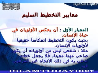 23 ‫التخطيط‬ ‫هارات‬
‫الول‬ ‫المعيار‬‫الول‬ ‫المعيار‬::‫في‬ ‫الولويات‬ ‫يعكس‬ ‫أن‬‫في‬ ‫الولويات‬ ‫يعكس‬ ‫أن‬
.‫النسان‬ ‫حياة‬.‫النسان‬ ‫حياة‬
‫حقيقيا‬ ‫انعكاسا‬ ‫التخطيط‬ ‫يكون‬ ‫بحيث‬‫حقيقيا‬ ‫انعكاسا‬ ‫التخطيط‬ ‫يكون‬ ‫بحيث‬
.‫النسان‬ ‫لولويات‬.‫النسان‬ ‫لولويات‬
:‫يكون‬ ‫أن‬ ‫أولوياته‬ ‫من‬ ‫ليس‬ ‫شخص‬ ‫مثل‬:‫يكون‬ ‫أن‬ ‫أولوياته‬ ‫من‬ ‫ليس‬ ‫شخص‬ ‫مثل‬
.‫خطته‬ ‫يجعل‬ ‫فل‬ ‫معينة‬ ‫مهنة‬ ‫صاحب‬.‫خطته‬ ‫يجعل‬ ‫فل‬ ‫معينة‬ ‫مهنة‬ ‫صاحب‬
‫المرغوب‬ ‫غير‬ ‫التجاه‬ ‫ذلك‬ ‫في‬ ‫به‬ ‫تذهب‬‫المرغوب‬ ‫غير‬ ‫التجاه‬ ‫ذلك‬ ‫في‬ ‫به‬ ‫تذهب‬
.‫فيه‬.‫فيه‬
‫السليم‬ ‫التخطيط‬ ‫معايير‬‫السليم‬ ‫التخطيط‬ ‫معايير‬
 