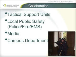 Collaboration
•Tactical Support Units
•Local Public Safety
(Police/Fire/EMS)
•Media
•Campus Departments
 