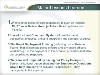 Major Lessons Learned
1.Plainclothes police officers responding to such an incident
MUST wear their uniform jackets with arm patches and
insignia.
2.Use of Incident Command System allowed for rapid
deployment of tactical unit and integration into campus response.
3.The Rapid Deployment Training (including use of Rescue
Teams) that all campus police officers and city police officers
went through in the days prior to the exercise proved essential to
our coordinated response.
4.We were well prepared by having our Policy Group (i.e.,
Senior Institutional Leadership) and the Emergency Operations
Group fully familiar with ICS and its application. They
participated in the exercise.
 