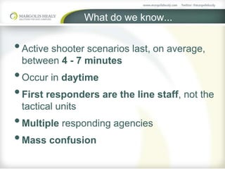 What do we know...
•Active shooter scenarios last, on average,
between 4 - 7 minutes
•Occur in daytime
•First responders are the line staff, not the
tactical units
•Multiple responding agencies
•Mass confusion
 