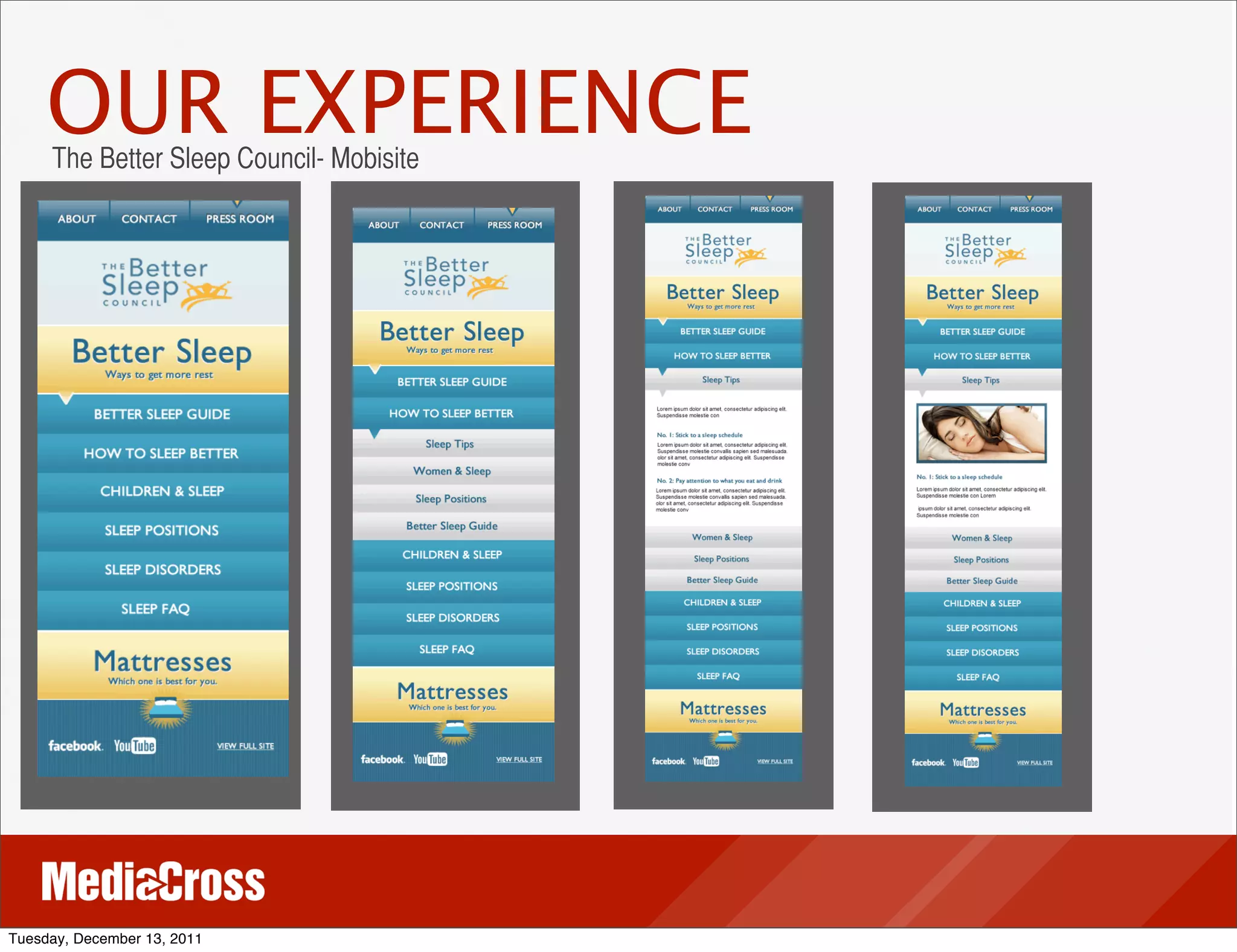 OUR EXPERIENCE
     The Better Sleep Council- Mobisite




Tuesday, December 13, 2011
 