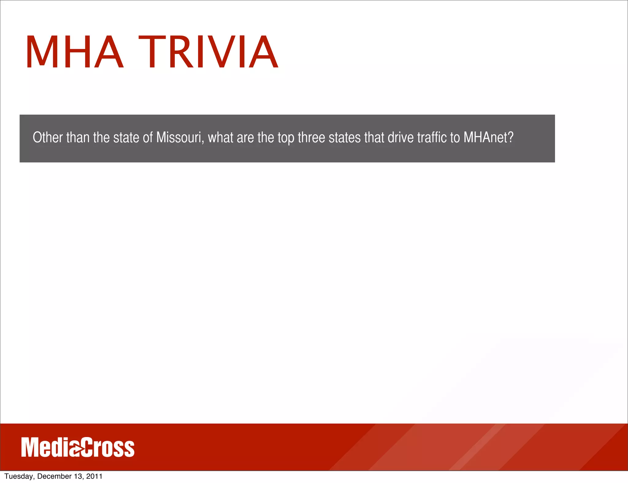 MHA TRIVIA
       Other than the state of Missouri, what are the top three states that drive traffic to MHAnet?




Tuesday, December 13, 2011
 