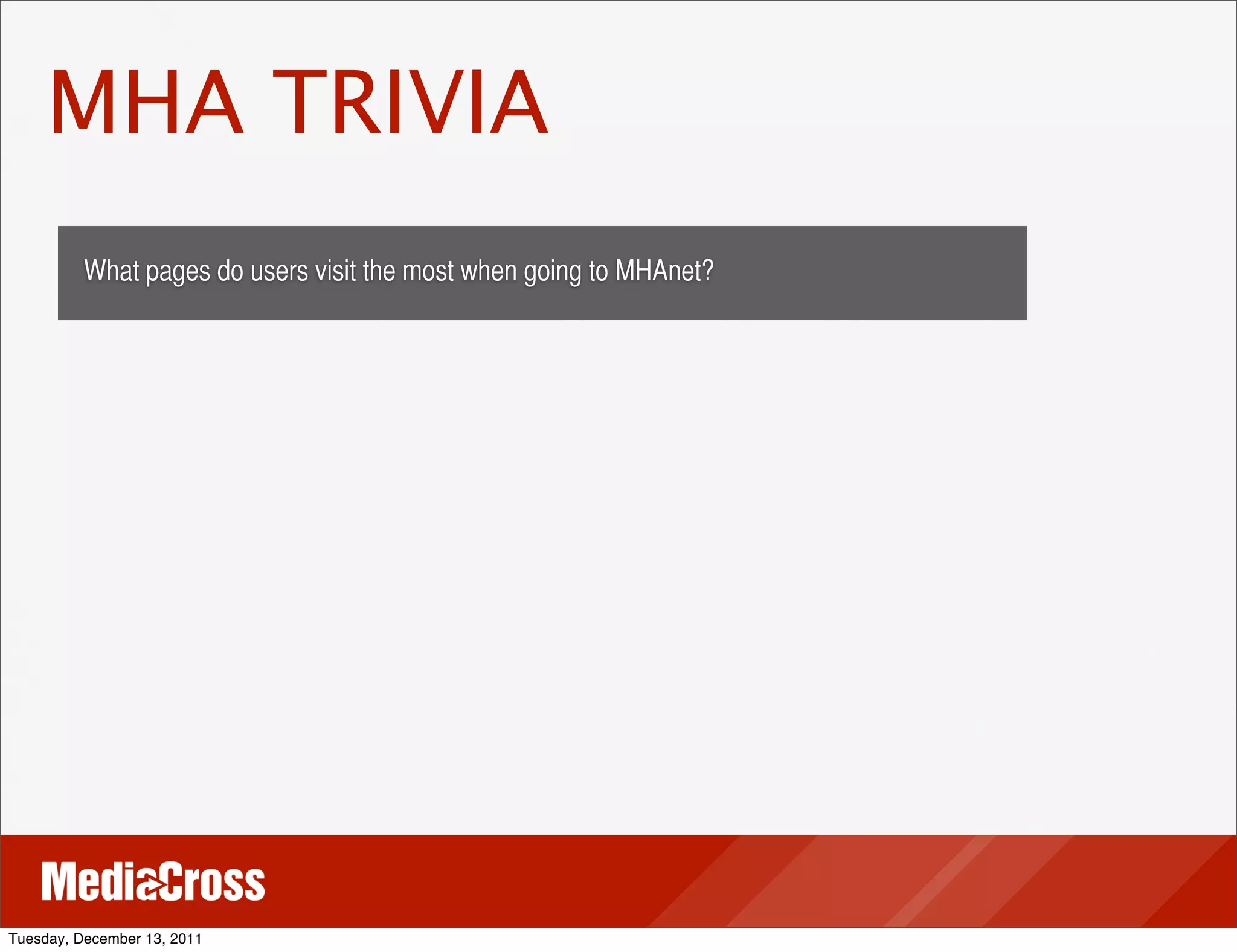 MHA TRIVIA
          What pages do users visit the most when going to MHAnet?




Tuesday, December 13, 2011
 