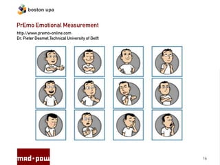 boston upa


PrEmo Emotional Measurement
http://www.premo-online.com
Dr. Pieter Desmet,Technical University of Delft




                                                  16
 