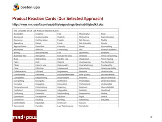 boston upa


Product Reaction Cards (Our Selected Approach)
http://www.microsoft.com/usability/uepostings/desirabilitytoolkit.doc




                                                                        17
 