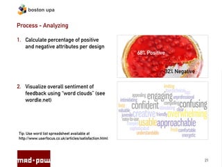 boston upa


Process - Analyzing

1. Calculate percentage of positive
   and negative attributes per design
                                                        68% Positive


                                                                       32% Negative

2. Visualize overall sentiment of
   feedback using “word clouds” (see
   wordle.net)




Tip: Use word list spreadsheet available at
http://www.userfocus.co.uk/articles/satisfaction.html




                                                                                      21
 