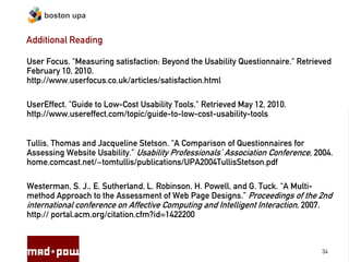 boston upa


Additional Reading

User Focus. "Measuring satisfaction: Beyond the Usability Questionnaire." Retrieved
February 10, 2010.
http://www.userfocus.co.uk/articles/satisfaction.html

UserEffect. "Guide to Low-Cost Usability Tools." Retrieved May 12, 2010.
http://www.usereffect.com/topic/guide-to-low-cost-usability-tools


Tullis, Thomas and Jacqueline Stetson. “A Comparison of Questionnaires for
Assessing Website Usability.” Usability Professionals’ Association Conference, 2004.
home.comcast.net/~tomtullis/publications/UPA2004TullisStetson.pdf

Westerman, S. J., E. Sutherland, L. Robinson, H. Powell, and G. Tuck. “A Multi-
method Approach to the Assessment of Web Page Designs.” Proceedings of the 2nd
international conference on Affective Computing and Intelligent Interaction, 2007.
http:// portal.acm.org/citation.cfm?id=1422200



                                                                                 34
 