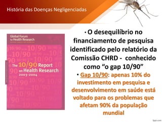 • O desequilíbrio no
financiamento de pesquisa
identificado pelo relatório da
Comissão CHRD - conhecido
como “o gap 10/90”
• Gap 10/90: apenas 10% do
investimento em pesquisa e
desenvolvimento em saúde está
voltado para os problemas que
afetam 90% da população
mundial
História das Doenças Negligenciadas
 