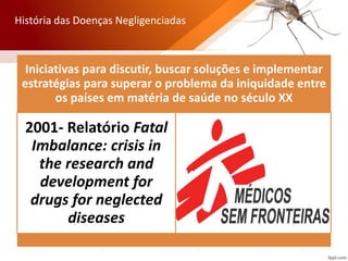 Iniciativas para discutir, buscar soluções e implementar
estratégias para superar o problema da iniquidade entre
os países em matéria de saúde no século XX
2001- Relatório Fatal
Imbalance: crisis in
the research and
development for
drugs for neglected
diseases
História das Doenças Negligenciadas
 
