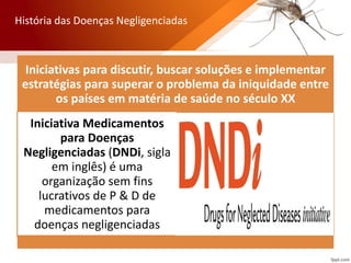 Iniciativas para discutir, buscar soluções e implementar
estratégias para superar o problema da iniquidade entre
os países em matéria de saúde no século XX
Iniciativa Medicamentos
para Doenças
Negligenciadas (DNDi, sigla
em inglês) é uma
organização sem fins
lucrativos de P & D de
medicamentos para
doenças negligenciadas
História das Doenças Negligenciadas
 