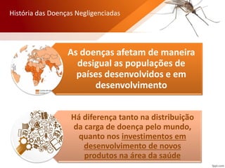 História das Doenças Negligenciadas
As doenças afetam de maneira
desigual as populações de
países desenvolvidos e em
desenvolvimento
Há diferença tanto na distribuição
da carga de doença pelo mundo,
quanto nos investimentos em
desenvolvimento de novos
produtos na área da saúde
 