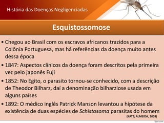 Esquistossomose
• Chegou ao Brasil com os escravos africanos trazidos para a
Colônia Portuguesa, mas há referências da doença muito antes
dessa época
• 1847: Aspectos clínicos da doença foram descritos pela primeira
vez pelo japonês Fuji
• 1852: No Egito, o parasito tornou-se conhecido, com a descrição
de Theodor Bilharz, daí a denominação bilharziose usada em
alguns países
• 1892: O médico inglês Patrick Manson levantou a hipótese da
existência de duas espécies de Schistosoma parasitas do homem
História das Doenças Negligenciadas
(KATZ; ALMEIDA, 2003)
 