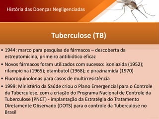 Tuberculose (TB)
• 1944: marco para pesquisa de fármacos – descoberta da
estreptomicina, primeiro antibiótico eficaz
• Novos fármacos foram utilizados com sucesso: isoniazida (1952);
rifampicina (1965); etambutol (1968); e pirazinamida (1970)
• Fluoroquinolonas para casos de multirresistência
• 1999: Ministério da Saúde criou o Plano Emergencial para o Controle
da Tuberculose, com a criação do Programa Nacional de Controle da
Tuberculose (PNCT) - implantação da Estratégia do Tratamento
Diretamente Observado (DOTS) para o controle da Tuberculose no
Brasil
História das Doenças Negligenciadas
 