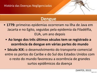 Dengue
• 1779: primeiras epidemias ocorreram na Ilha de Java em
Jacarta e no Egito, seguidas pela epidemia da Filadélfia,
EUA, um ano depois
• Ao longo dos três últimos séculos tem se registrado a
ocorrência da dengue em várias partes do mundo
• Século XIX: o desenvolvimento do transporte comercial
entre os portos do Caribe e do Sul dos Estados Unidos com
o resto do mundo favoreceu a ocorrência de grandes
surtos epidêmicos da doença
História das Doenças Negligenciadas
(SANTOS, 2012)
 
