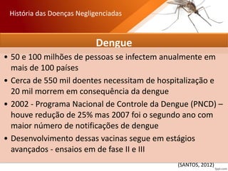 Dengue
• 50 e 100 milhões de pessoas se infectem anualmente em
mais de 100 países
• Cerca de 550 mil doentes necessitam de hospitalização e
20 mil morrem em consequência da dengue
• 2002 - Programa Nacional de Controle da Dengue (PNCD) –
houve redução de 25% mas 2007 foi o segundo ano com
maior número de notificações de dengue
• Desenvolvimento dessas vacinas segue em estágios
avançados - ensaios em de fase II e III
História das Doenças Negligenciadas
(SANTOS, 2012)
 