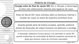 Cirurgia antes do final do século XIX: Dor e infecção; a hemorragia
já tinha sido relativamente reduzida pela ligaduras de vasos
Antes do Século XVI, havia incerteza sobre as estruturas internas e
funções do corpo; os textos de anatomia continham erros
Durante grande parte da história europeia, aprender anatomia
através de dissecções de corpos humanos era delituoso e sacrílego
A dissecação cadavérica humana passou a ser permitida no século XIV
quando anatomistas da universidade de Bolonha receberam permissão da
Igreja para dissecar corpos de criminosos executados
História da Cirurgia
(GOSH, 2015)
 