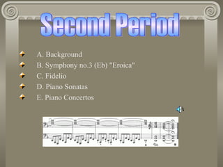 A. Background
B. Symphony no.3 (Eb) "Eroica"
C. Fidelio
D. Piano Sonatas
E. Piano Concertos
 
