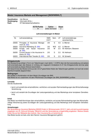 4   MODULE                                                                           4.3    Ergänzungsfachmodule



Modul: Insurance Markets and Management [IN3WWBWL7]

Koordination:    Ute Werner
Studiengang:     Informatik (B.Sc.)
Fach:            EF Betriebswirtschaftslehre

                                    ECTS-Punkte            Zyklus       Dauer
                                         9             Jedes Semester     2


                                        Lehrveranstaltungen im Modul

         Nr.    Lehrveranstaltung                       SWS     Sem.    LP    Lehrveranstaltungs-
                                                        V/Ü/T                 verantwortliche
       25055    Principles of Insurance Manage-          3/0     S      4.5   U. Werner
                ment (S. 325)
       26323    Insurance Marketing (S. 260)             3/0    W/S     4.5   U. Werner
       25050    Private and Social Insurance             2/0     W      2.5   W. Heilmann, Besserer
                (S. 326)
       26350    Current Issues in the Insurance In-      2/0     S      2.5   W. Heilmann
                dustry (S. 209)
       26353    International Risk Transfer (S. 265)     2/0     S      2.5   W. Schwehr

Erfolgskontrolle
Die Modulprüfung erfolgt in Form von Teilprüfungen (nach §4(2), 1-3 SPO) über die Kernveranstaltung und weitere
Lehrveranstaltungen des Moduls im Umfang von insgesamt mindestens 9 LP. Die Erfolgskontrolle wird bei jeder
Lehrveranstaltung dieses Moduls beschrieben.
Die Gesamtnote des Moduls wird aus den mit LP gewichteten Noten der Teilprüfungen gebildet und nach der ersten
Nachkommastelle abgeschnitten.
Bedingungen
Nur prüfbar in Kombination mit dem Modul Grundlagen der BWL.
Das Modul ist nur zusammen mit dem Pﬂichtmodul Grundlagen der BWL [IN3WWBWL] prüfbar.

Lernziele
Der/die Studierende

    • kennt und versteht die wirtschaftlichen, rechtlichen und sozialen Rahmenbedingungen des Wirtschaftszweigs
      Versicherung,

    • kennt und versteht die Grundlagen der Leistungserstellung und des Marketings einer komplexen Dienstleis-
      tung.

Inhalt
Das Modul vermittelt Kenntnisse über wirtschaftliche, rechtliche und soziale Rahmenbedingungen des Wirtschafts-
zweigs Versicherung sowie Grundlagen der Leistungserstellung und des Marketings einer komplexen Dienstleis-
tung.
Anmerkungen
Die Veranstaltung Insurance Marketing [26323] ﬁndet im Wintersemester 2010/11 statt und wird ausnahmsweise
angeboten von Dr. Edmund Schwake. Weiterhin wird die Veranstaltung unregelmäßig angeboten. Weitere Details
ﬁnden Sie auf der Webseite des Instituts: http://insurance.fbv.uni-karlsruhe.de
Das Modul wurde vormals unter dem Namen Insurance Management geführt.




Informatik (B.Sc.)                                                                                          110
Modulhandbuch mit Stand 13.10.2010
 