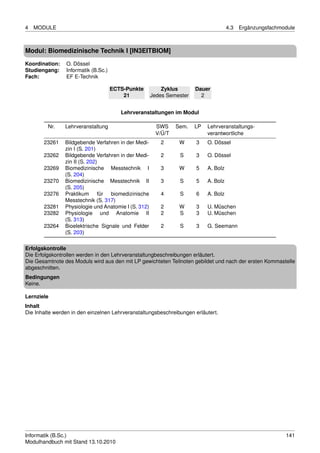 4   MODULE                                                                            4.3   Ergänzungsfachmodule



Modul: Biomedizinische Technik I [IN3EITBIOM]
Koordination:   O. Dössel
Studiengang:    Informatik (B.Sc.)
Fach:           EF E-Technik

                                     ECTS-Punkte          Zyklus       Dauer
                                         21           Jedes Semester     2


                                        Lehrveranstaltungen im Modul

         Nr.    Lehrveranstaltung                      SWS     Sem.    LP   Lehrveranstaltungs-
                                                       V/Ü/T                verantwortliche
       23261    Bildgebende Verfahren in der Medi-       2      W      3    O. Dössel
                zin I (S. 201)
       23262    Bildgebende Verfahren in der Medi-       2      S      3    O. Dössel
                zin II (S. 202)
       23269    Biomedizinische Messtechnik I            3      W      5    A. Bolz
                (S. 204)
       23270    Biomedizinische Messtechnik II           3      S      5    A. Bolz
                (S. 205)
       23276    Praktikum für biomedizinische            4      S      6    A. Bolz
                Messtechnik (S. 317)
       23281    Physiologie und Anatomie I (S. 312)      2      W      3    U. Müschen
       23282    Physiologie und Anatomie II              2      S      3    U. Müschen
                (S. 313)
       23264    Bioelektrische Signale und Felder        2      S      3    G. Seemann
                (S. 203)

Erfolgskontrolle
Die Erfolgskontrollen werden in den Lehrveranstaltungbeschreibungen erläutert.
Die Gesamtnote des Moduls wird aus den mit LP gewichteten Teilnoten gebildet und nach der ersten Kommastelle
abgeschnitten.
Bedingungen
Keine.

Lernziele
Inhalt
Die Inhalte werden in den einzelnen Lehrveranstaltungsbeschreibungen erläutert.




Informatik (B.Sc.)                                                                                          141
Modulhandbuch mit Stand 13.10.2010
 