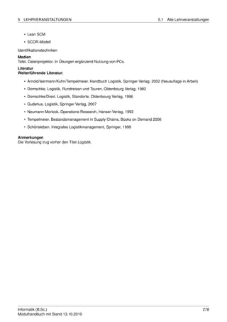5   LEHRVERANSTALTUNGEN                                                        5.1   Alle Lehrveranstaltungen


    • Lean SCM
    • SCOR-Modell

Identiﬁkationstechniken
Medien
Tafel, Datenprojektor. In Übungen ergänzend Nutzung von PCs.
Literatur
Weiterführende Literatur:

    • Arnold/Isermann/Kuhn/Tempelmeier. Handbuch Logistik, Springer Verlag, 2002 (Neuauﬂage in Arbeit)

    • Domschke. Logistik, Rundreisen und Touren, Oldenbourg Verlag, 1982
    • Domschke/Drexl. Logistik, Standorte, Oldenbourg Verlag, 1996
    • Gudehus. Logistik, Springer Verlag, 2007
    • Neumann-Morlock. Operations-Research, Hanser-Verlag, 1993

    • Tempelmeier. Bestandsmanagement in Supply Chains, Books on Demand 2006
    • Schönsleben. Integrales Logistikmanagement, Springer, 1998

Anmerkungen
Die Vorlesung trug vorher den Titel Logistik.




Informatik (B.Sc.)                                                                                       278
Modulhandbuch mit Stand 13.10.2010
 