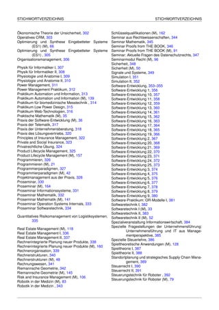 STICHWORTVERZEICHNIS                                                          STICHWORTVERZEICHNIS


Ökonomische Theorie der Unsicherheit, 302            Schlüsselqualiﬁkationen (M), 162
Operatives CRM, 303                                  Seminar aus Rechtswissenschaften, 344
Optimierung und Synthese Eingebetteter Systeme Seminar Mathematik, 345
         (ES1) (M), 66                               Seminar Proofs from THE BOOK, 346
Optimierung und Synthese Eingebetteter Systeme Seminar Proofs from THE BOOK (M), 91
         (ES1) , 305                                 Seminar: Aktuelle Fragen des Datenschutzrechts, 347
Organisationsmanagement, 306                         Seminarmodul Recht (M), 96
                                                     Sicherheit, 348
Physik für Informatiker I, 307                       Sicherheit (M), 50
Physik für Informatiker II, 308                      Signale und Systeme, 349
Physiologie und Anatomie I, 309                      Simulation I, 351
Physiologie und Anatomie II, 310                     Simulation II, 352
Power Management, 311                                Software-Entwicklung, 353–355
Power Management Praktikum, 312                      Software-Entwicklung 1, 356
Praktikum Automation und Information, 313            Software-Entwicklung 10, 357
Praktikum Automation und Information (M), 139        Software-Entwicklung 11, 358
Praktikum für biomedizinische Messtechnik , 314      Software-Entwicklung 12, 359
Praktikum Low Power Design, 315                      Software-Entwicklung 13, 360
Praktikum Web-Technologien, 316                      Software-Entwicklung 14, 361
Praktische Mathematik (M), 35                        Software-Entwicklung 15, 362
Praxis der Software-Entwicklung (M), 36              Software-Entwicklung 16, 363
Praxis der Telematik, 317                            Software-Entwicklung 17, 364
Praxis der Unternehmensberatung, 318                 Software-Entwicklung 18, 365
Praxis des Lösungsvertriebs, 320                     Software-Entwicklung 19, 366
Principles of Insurance Management, 322              Software-Entwicklung 2, 367
Private and Social Insurance, 323                    Software-Entwicklung 20, 368
Privatrechtliche Übung, 324                          Software-Entwicklung 21, 369
Product Lifecycle Management, 325                    Software-Entwicklung 22, 370
Product Lifecycle Management (M), 157                Software-Entwicklung 23, 371
Programmieren, 326                                   Software-Entwicklung 24, 372
Programmieren (M), 21                                Software-Entwicklung 25, 373
Programmierparadigmen, 327                           Software-Entwicklung 3, 374
Programmierparadigmen (M), 42                        Software-Entwicklung 4, 375
Projektmanagement aus der Praxis, 328                Software-Entwicklung 5, 376
Proseminar, 330                                      Software-Entwicklung 6, 377
Proseminar (M), 164                                  Software-Entwicklung 7, 378
Proseminar Informationssysteme, 331                  Software-Entwicklung 8, 379
Proseminar Mathematik, 332                           Software-Entwicklung 9, 380
Proseminar Mathematik (M), 141                       Software-Praktikum: OR-Modelle I, 381
Proseminar Operation Systems Internals, 333          Softwaretechnik I, 382
Proseminar Softwaretechnik, 334                      Softwaretechnik I (M), 33
                                                     Softwaretechnik II, 383
Quantitatives Risikomanagement von Logistiksystemen, Softwaretechnik II (M), 52
         335                                         Spezialveranstaltung Informationswirtschaft, 384
                                                     Spezielle Fragestellungen der Unternehmensführung:
Real Estate Management (M), 118
                                                              Unternehmensführung und IT aus Manage-
Real Estate Management I, 336
                                                              mentperspektive, 385
Real Estate Management II, 337
                                                     Spezielle Steuerlehre, 386
Rechnerintegrierte Planung neuer Produkte, 338
                                                     Spieltheoretische Anwendungen (M), 128
Rechnerintegrierte Planung neuer Produkte (M), 160
                                                     Spieltheorie I, 387
Rechnerorganisation, 339
                                                     Spieltheorie II, 388
Rechnerstrukturen, 340
                                                     Standortplanung und strategisches Supply Chain Mana-
Rechnerstrukturen (M), 48
                                                              gement, 389
Rechnungswesen, 341
                                                     Steuerrecht I, 390
Riemannsche Geometrie, 342
                                                     Steuerrecht II, 391
Riemannsche Geometrie (M), 145
                                                     Steuerungstechnik für Roboter , 392
Risk and Insurance Management (M), 106
                                                     Steuerungstechnik für Roboter (M), 79
Robotik in der Medizin (M), 83
Robotik in der Medizin , 343
 