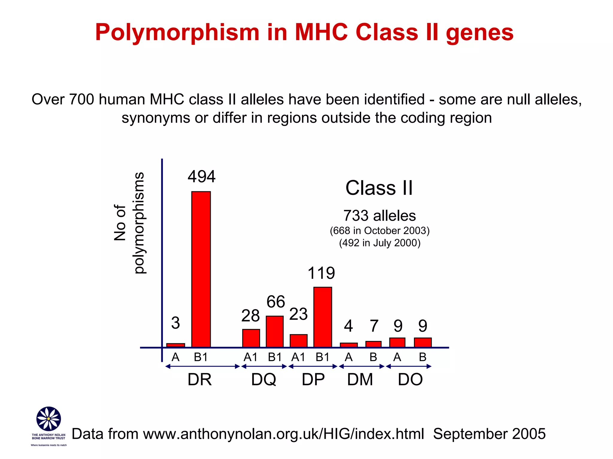 Polymorphism in MHC Class II genes Over 700 human MHC class II alleles have been identified - some are null alleles, synonyms or differ in regions outside the coding region 733 alleles (668 in October 2003) (492 in July 2000) 3 494 23 119 28 66 Data from www.anthonynolan.org.uk/HIG/index.html  September 2005 4 7 9 9 DR DP DQ DM DO Class II A B1 A1 B1 A1 B1 No of polymorphisms A B A B 