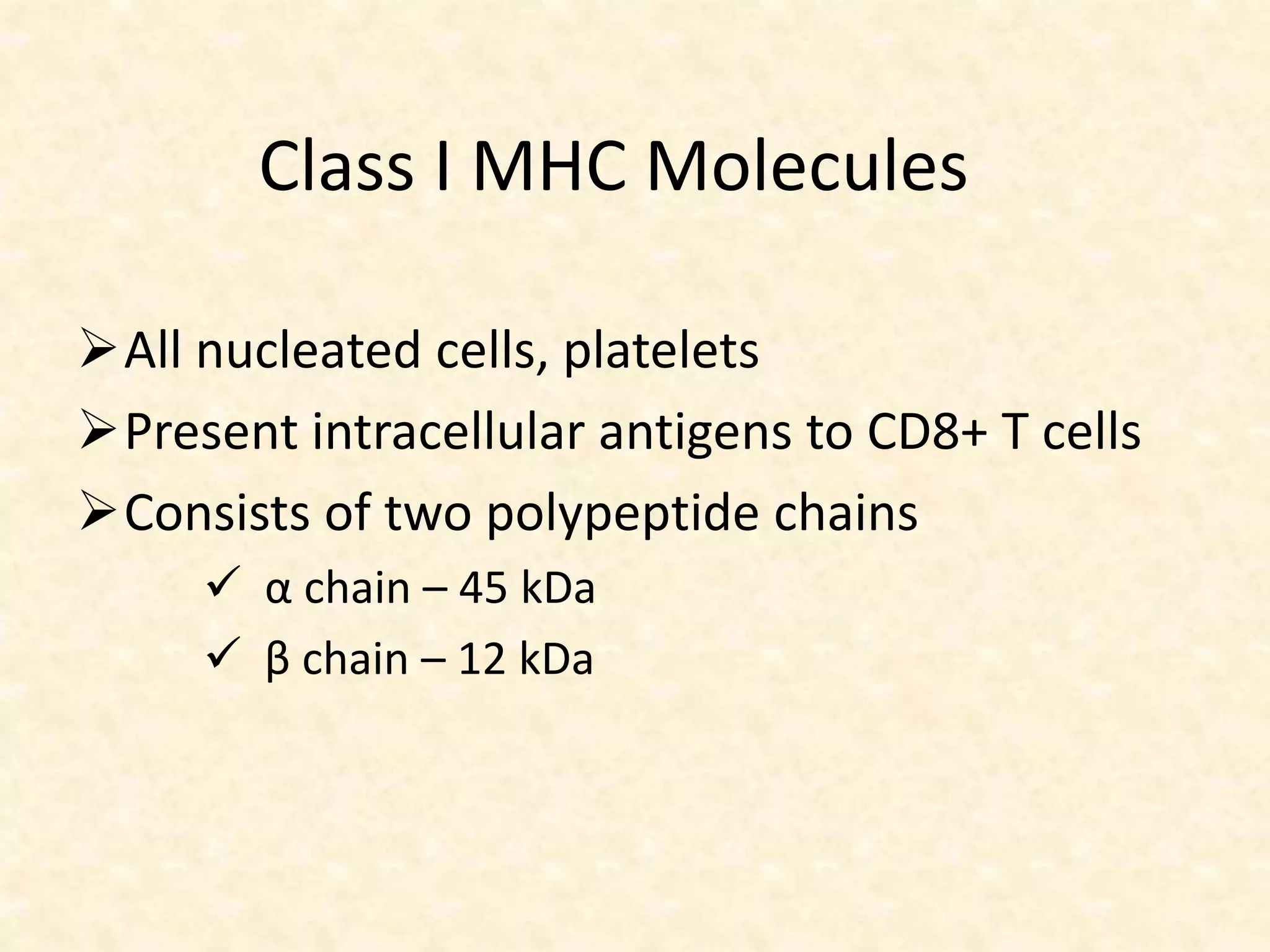 Class I MHC Molecules
All nucleated cells, platelets
Present intracellular antigens to CD8+ T cells
Consists of two polypeptide chains
 α chain – 45 kDa
 β chain – 12 kDa
 