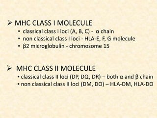  MHC CLASS I MOLECULE
▪ classical class I loci (A, B, C) - α chain
▪ non classical class I loci - HLA-E, F, G molecule
▪ β2 microglobulin - chromosome 15
 MHC CLASS II MOLECULE
▪ classical class II loci (DP, DQ, DR) – both α and β chain
▪ non classical class II loci (DM, DO) – HLA-DM, HLA-DO
 