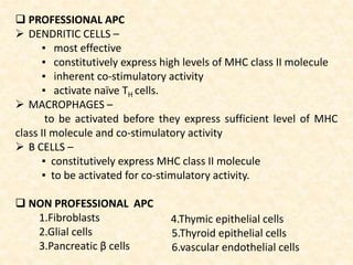  PROFESSIONAL APC
 DENDRITIC CELLS –
▪ most effective
▪ constitutively express high levels of MHC class II molecule
▪ inherent co-stimulatory activity
▪ activate naïve TH cells.
 MACROPHAGES –
to be activated before they express sufficient level of MHC
class II molecule and co-stimulatory activity
 B CELLS –
▪ constitutively express MHC class II molecule
▪ to be activated for co-stimulatory activity.
 NON PROFESSIONAL APC
1.Fibroblasts
2.Glial cells
3.Pancreatic β cells
4.Thymic epithelial cells
5.Thyroid epithelial cells
6.vascular endothelial cells
 