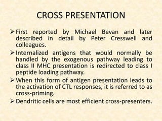 CROSS PRESENTATION
First reported by Michael Bevan and later
described in detail by Peter Cresswell and
colleagues.
Internalized antigens that would normally be
handled by the exogenous pathway leading to
class II MHC presentation is redirected to class I
peptide loading pathway.
When this form of antigen presentation leads to
the activation of CTL responses, it is referred to as
cross-priming.
Dendritic cells are most efficient cross-presenters.
 