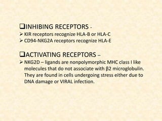 INHIBING RECEPTORS -
KIR receptors recognize HLA-B or HLA-C
CD94-NKG2A receptors recognize HLA-E
ACTIVATING RECEPTORS –
NKG2D – ligands are nonpolymorphic MHC class I like
molecules that do not associate with β2 microglobulin.
They are found in cells undergoing stress either due to
DNA damage or VIRAL infection.
 