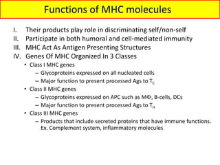 Functions of MHC molecules
I. Their products play role in discriminating self/non-self
II. Participate in both humoral and cell-mediated immunity
III. MHC Act As Antigen Presenting Structures
IV. Genes Of MHC Organized In 3 Classes
• Class I MHC genes
– Glycoproteins expressed on all nucleated cells
– Major function to present processed Ags to TC
• Class II MHC genes
– Glycoproteins expressed on APC such as M, B-cells, DCs
– Major function to present processed Ags to TH
• Class III MHC genes
– Products that include secreted proteins that have immune functions.
Ex. Complement system, inflammatory molecules
 