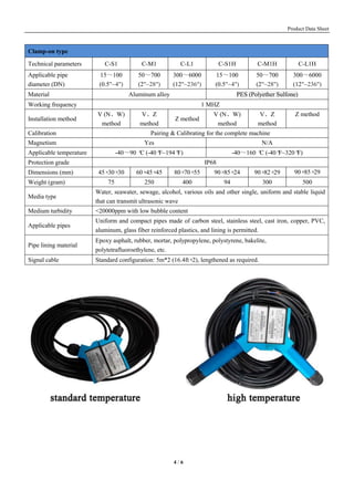 Product Data Sheet
4 / 6
Clamp-on type
Technical parameters C-S1 C-M1 C-L1 C-S1H C-M1H C-L1H
Applicable pipe
diameter (DN)
15～100
(0.5"~4")
50～700
(2"~28")
300～6000
(12"~236")
15～100
(0.5"~4")
50～700
(2"~28")
300～6000
(12"~236")
Material Aluminum alloy PES (Polyether Sulfone)
Working frequency 1 MHZ
Installation method
V (N、W)
method
V、Z
method
Z method
V (N、W)
method
V、Z
method
Z method
Calibration Pairing & Calibrating for the complete machine
Magnetism Yes N/A
Applicable temperature -40～90 °C (-40°F~194°F) -40～160 °C (-40°F~320°F)
Protection grade IP68
Dimensions (mm) 45×30×30 60×45×45 80×70×55 90×85×24 90×82×29 90×85×29
Weight (gram) 75 250 400 94 300 500
Media type
Water, seawater, sewage, alcohol, various oils and other single, uniform and stable liquid
that can transmit ultrasonic wave
Medium turbidity <20000ppm with low bubble content
Applicable pipes
Uniform and compact pipes made of carbon steel, stainless steel, cast iron, copper, PVC,
aluminum, glass fiber reinforced plastics, and lining is permitted.
Pipe lining material
Epoxy asphalt, rubber, mortar, polypropylene, polystyrene, bakelite,
polytetrafluoroethylene, etc.
Signal cable Standard configuration: 5m*2 (16.4ft×2), lengthened as required.
 