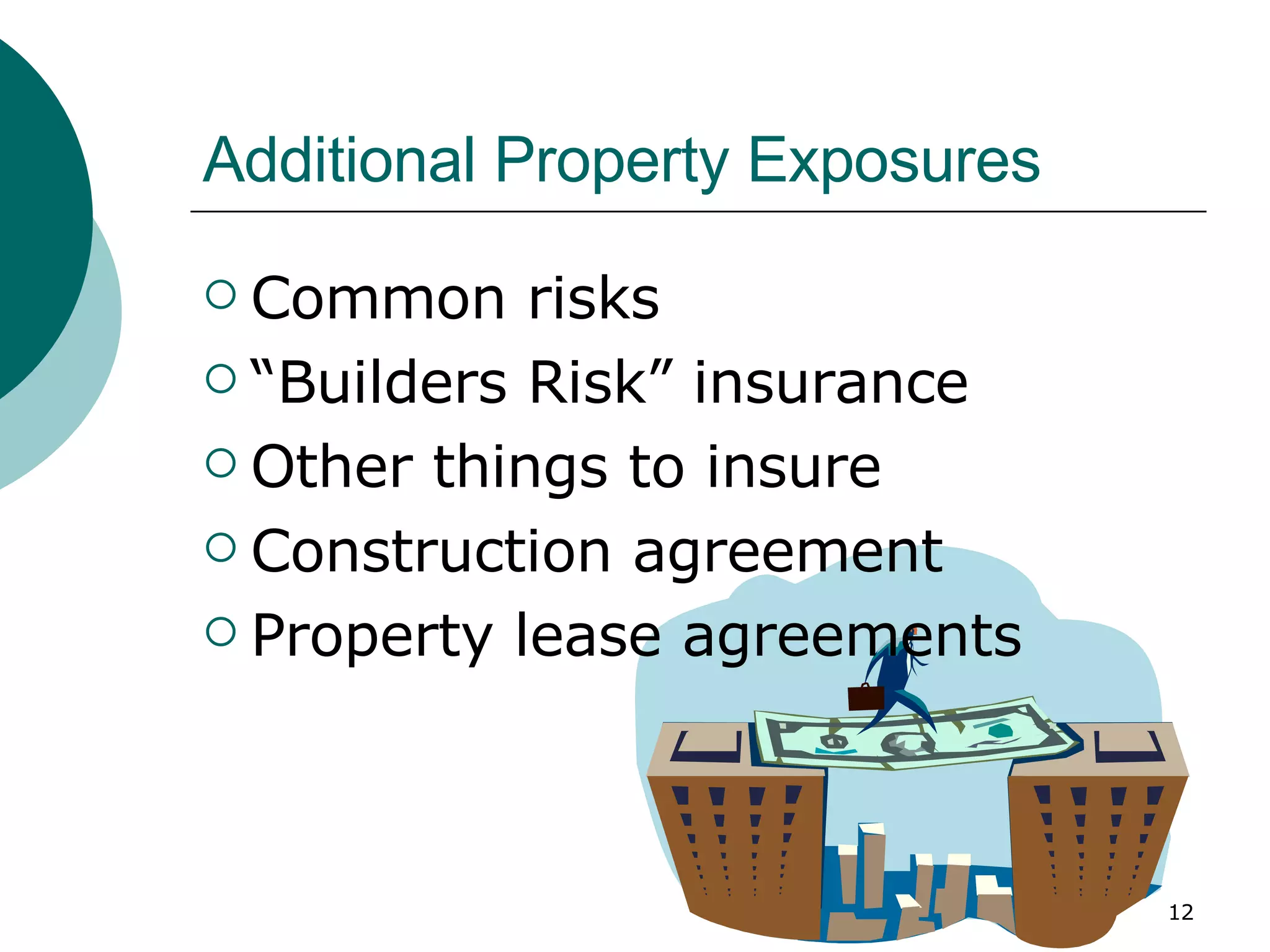 Additional Property Exposures Common risks “ Builders Risk” insurance Other things to insure Construction agreement Property lease agreements 